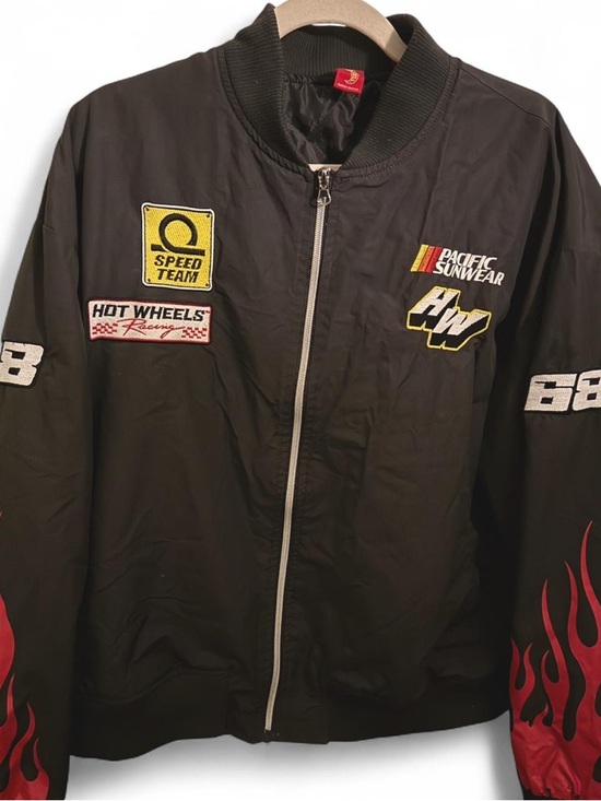 Pacific Sunwear Other - Pacific Sunwear Black Bomber Jacket with Red Flame Sleeves